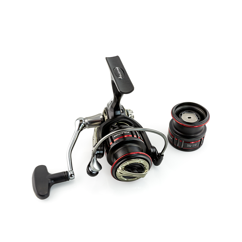 FISHKOOL dual spool spinning fishing reel matte black with red accents